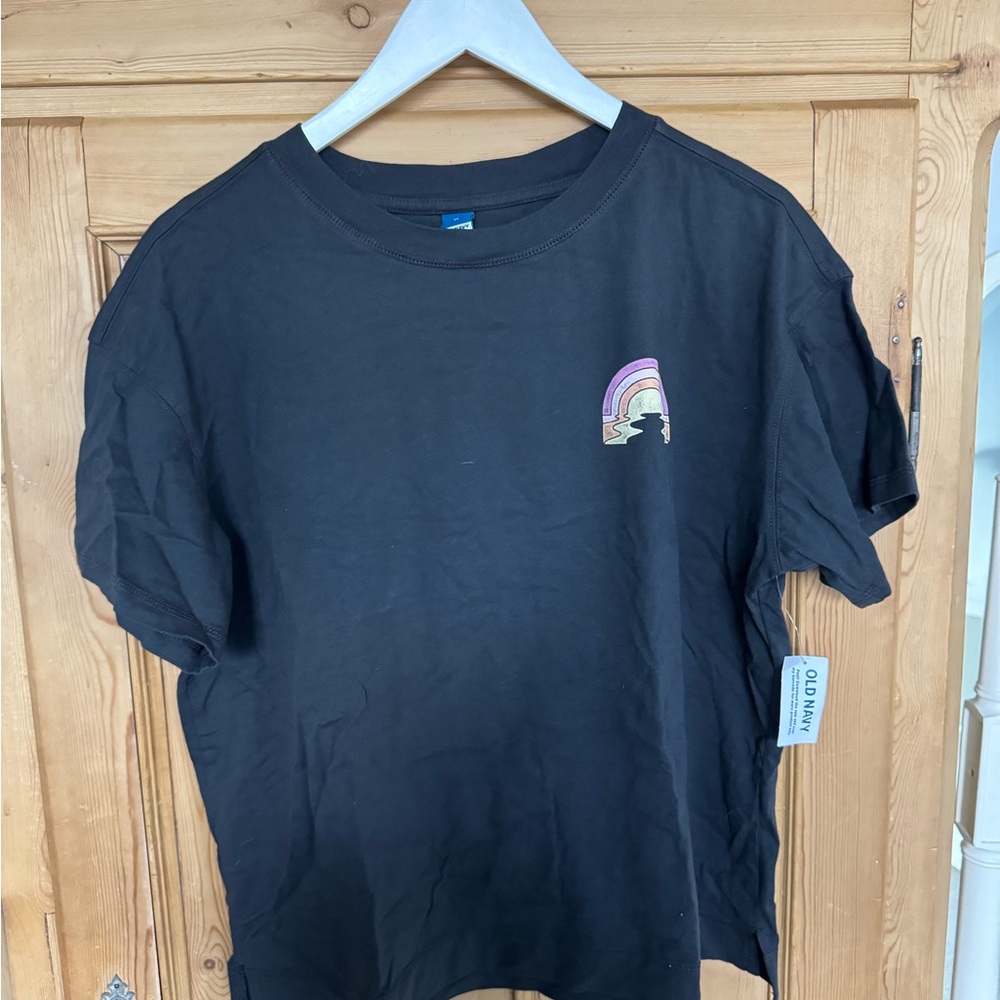 Old Navy Black T-Shirt with Rainbow Design